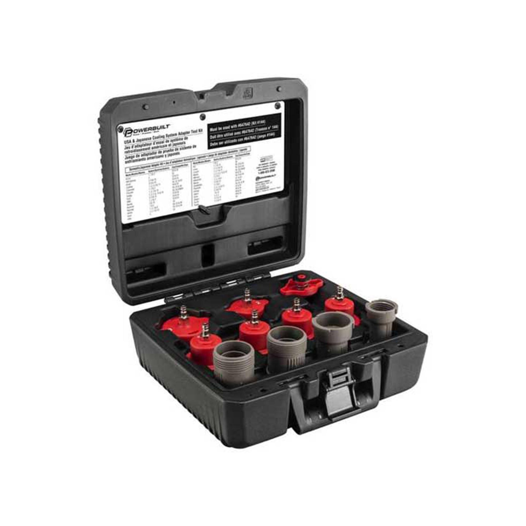 Powerbuilt Cooling System Adapter Test Kit — Domestic and Japanese Vehicles, Radiator Pressure Testing, Built-In Pressure Release Valve, Model# PBT647643